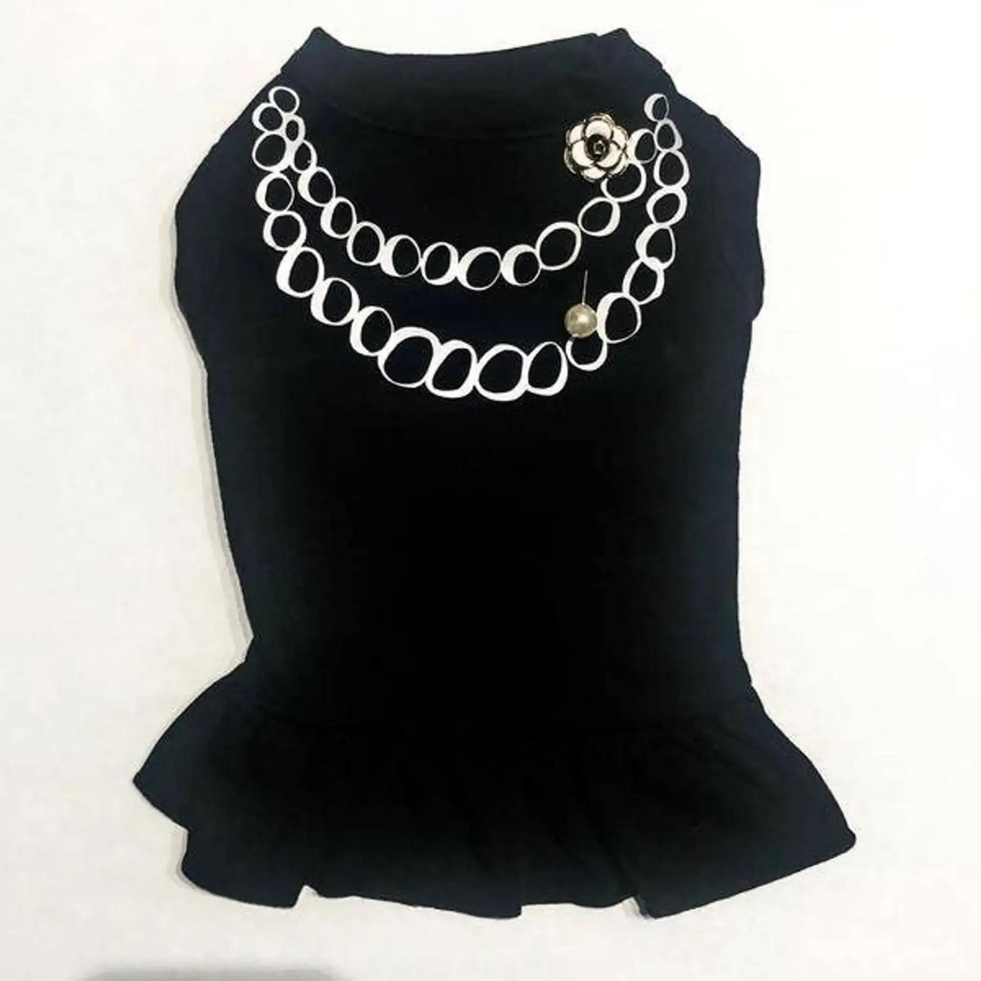 Breakfast at Bark Dress - Black Velvet with White Chain Necklace & Camellia Brooch | Bougie Buddy BarkFifthAve581