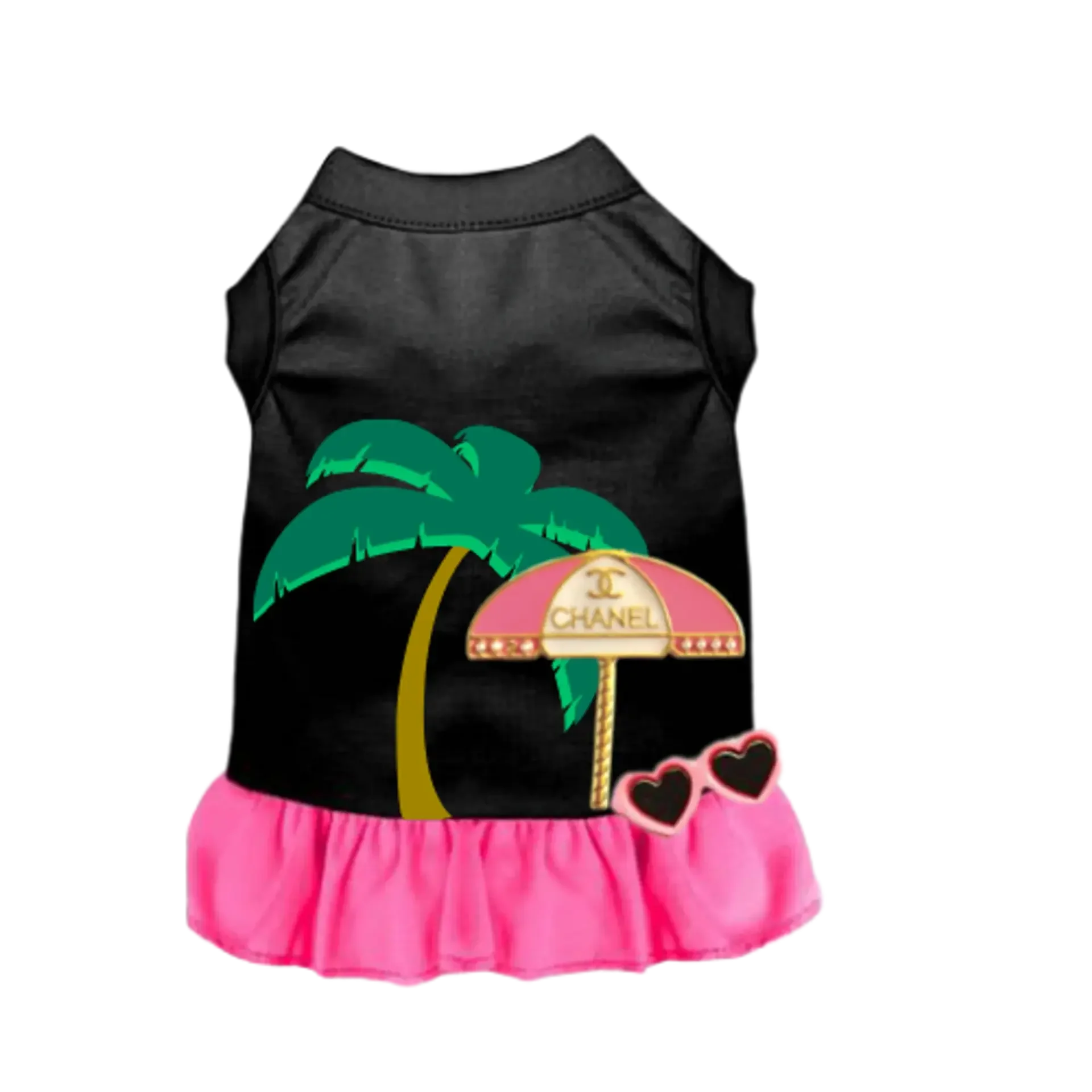 My CC Summer Vacay Dog Dress - Pink/Black Palm Tree Chanel Umbrella Luxury Pet Outfit | Bougie Buddy BarkFifthAve1906