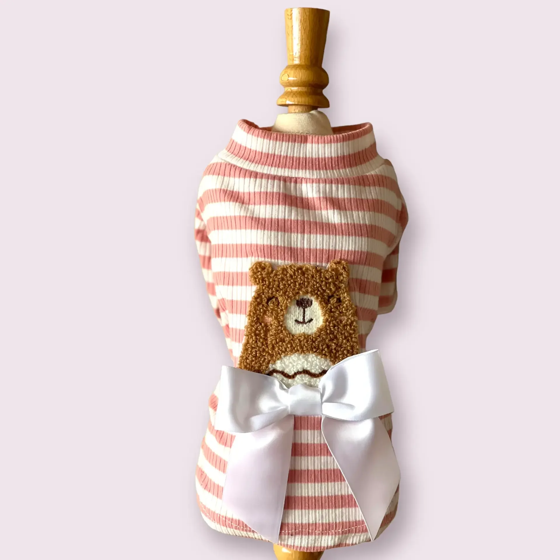 My Bear-y Cute Turtleneck Dog Sweater - Striped Ribbed Bear Appliqué Pet Top in Pink & Grey | Bougie Buddy BarkFifthAve1866