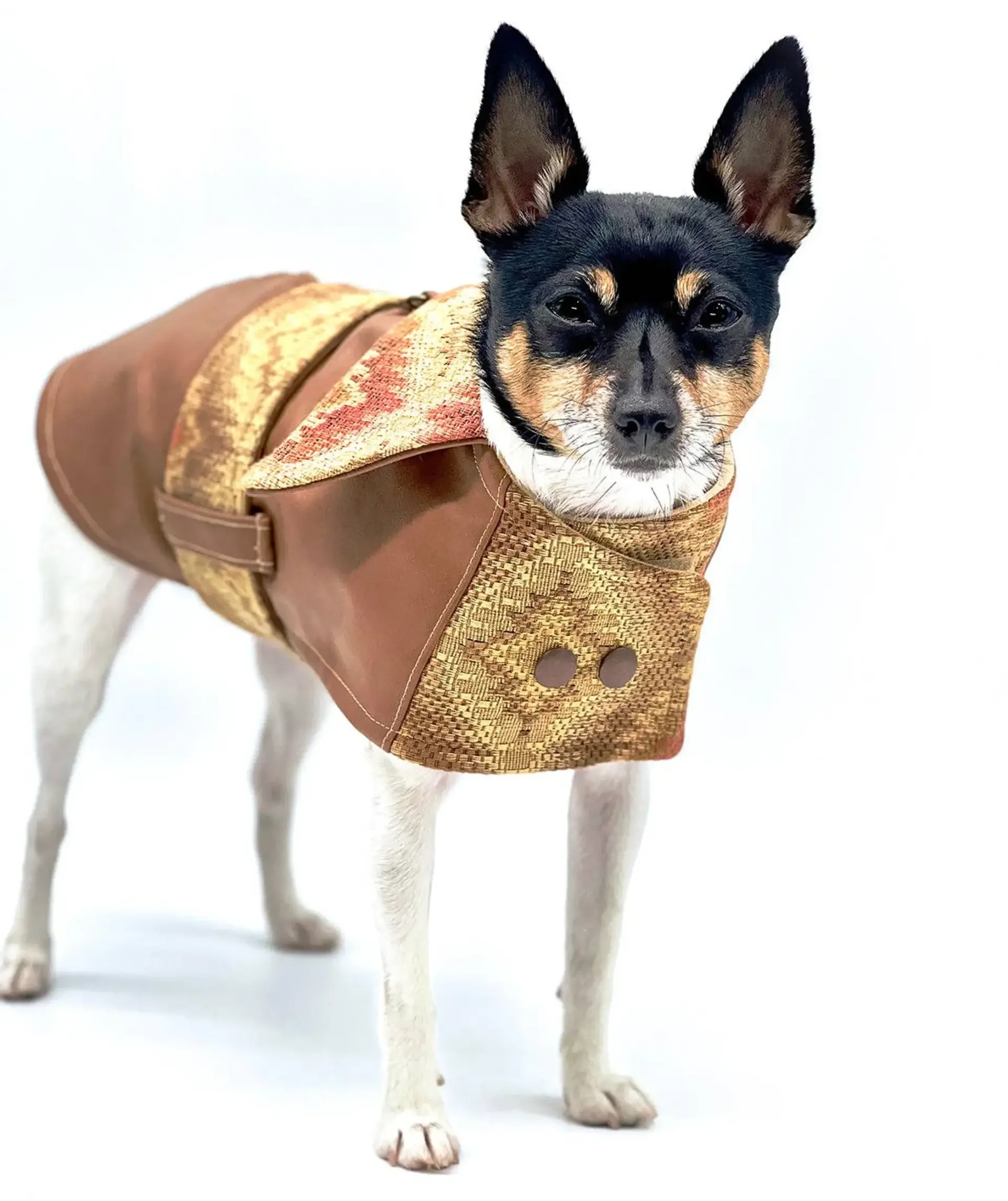 DCNY Vegan Faux Leather Southwest Coat - Brown Tribal Print Dog Jacket with Belt | Bougie Buddy DoggieCoutureNY00005