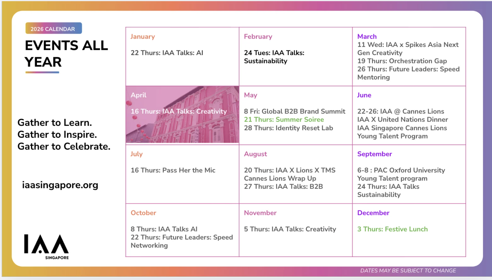 IAA Singapore Full Year Calendar 2026