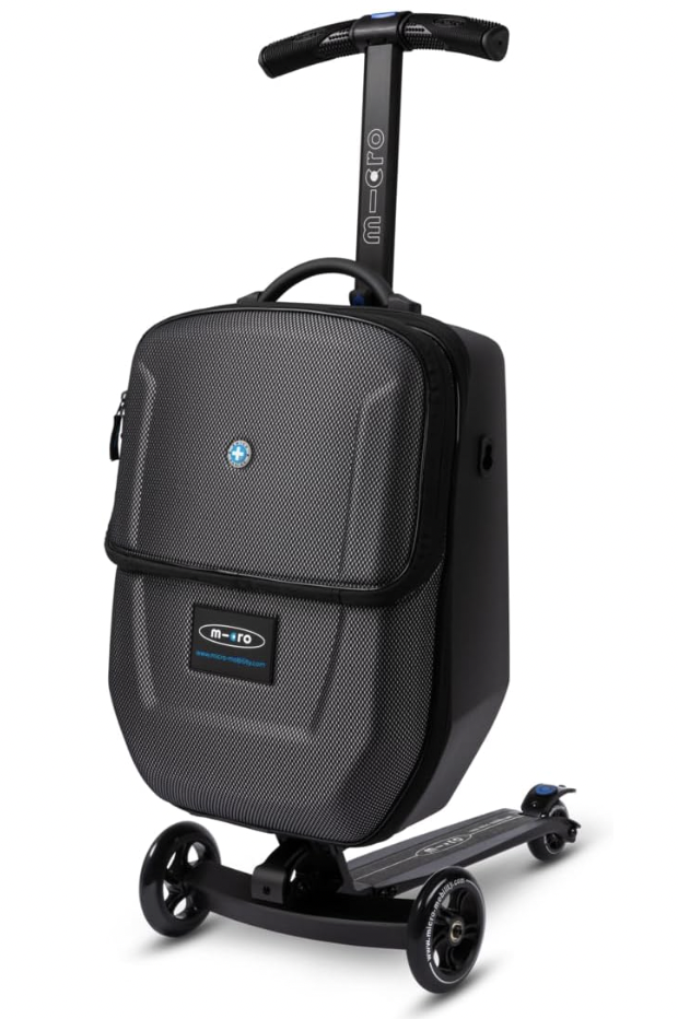 Gray and black foldable kick scooter with a storage bag attached, featuring a handlebar and three wheels.