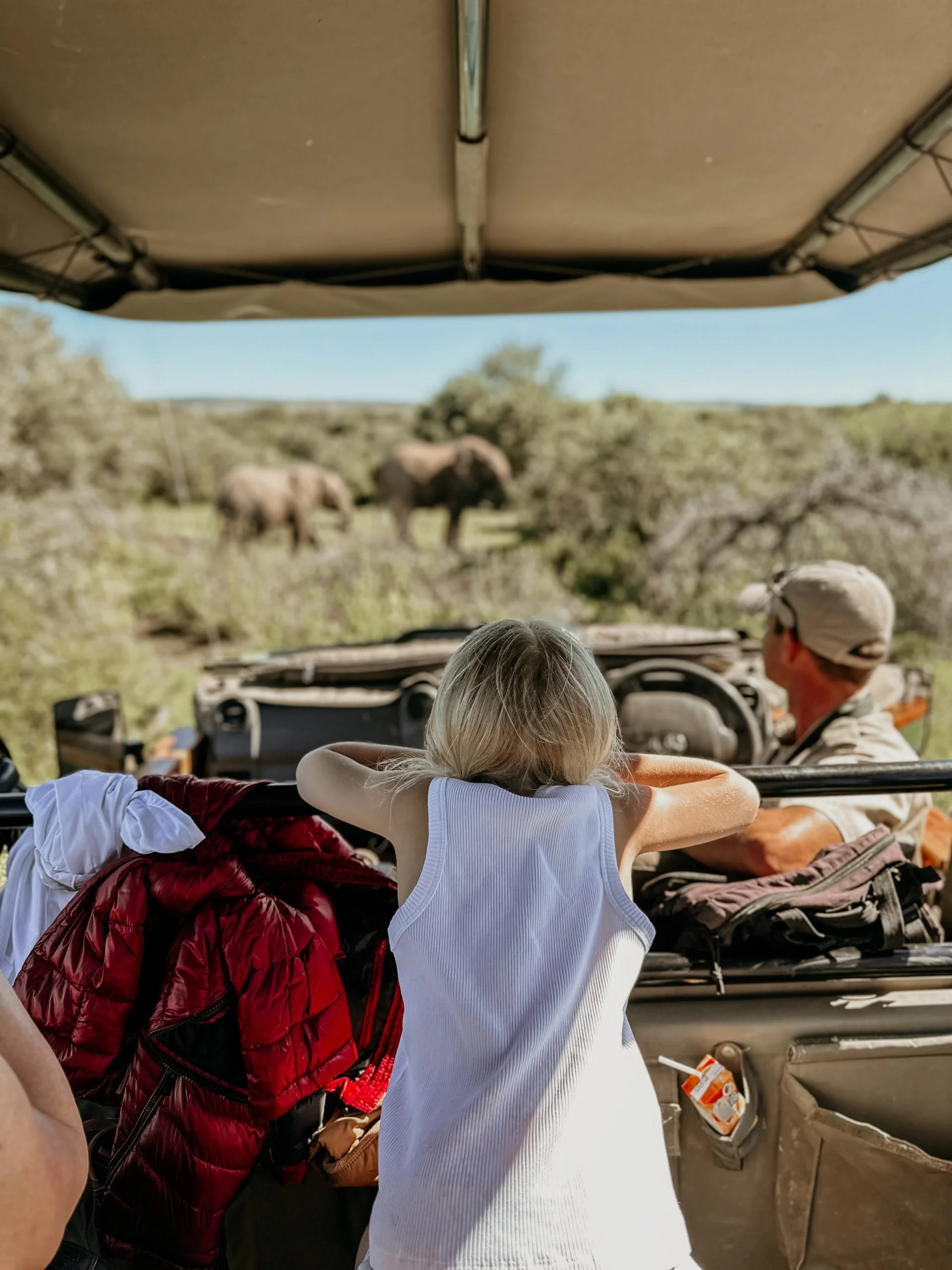 Young girl leaning on the back of an open vehicle, looking at two elephants in the distance in a natural savanna landscape.