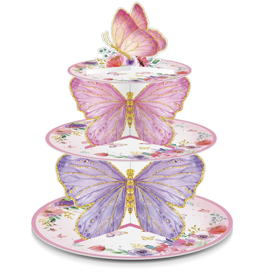 A tiered butterfly-themed jewelry or display stand with three levels featuring pink and purple butterflies and floral patterns.