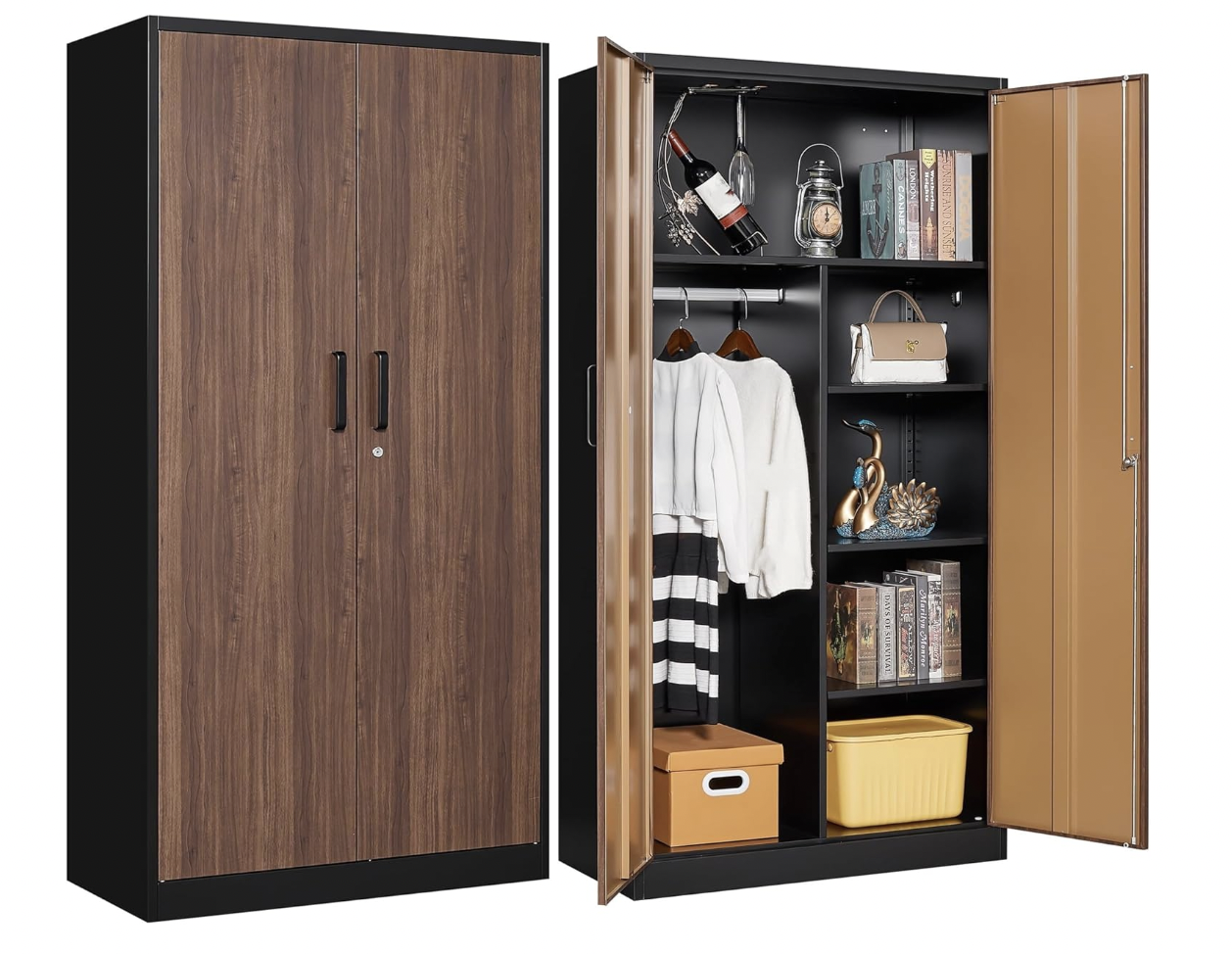 Black and wood-colored storage cabinet with open doors revealing shelves, hanging space, and storage boxes inside.