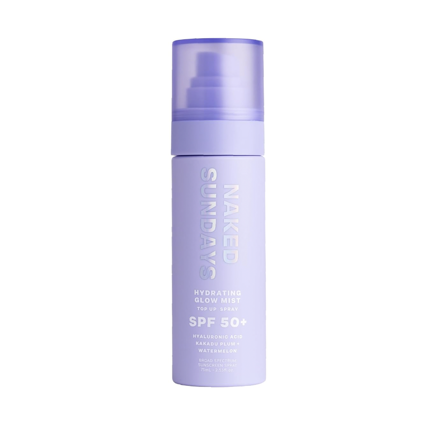 A purple spray bottle of NAKED SUNDAYS Hydrating Glow Mist with SPF 50+ and ingredients including hyaluronic acid, kakadu plum, and watermelon.