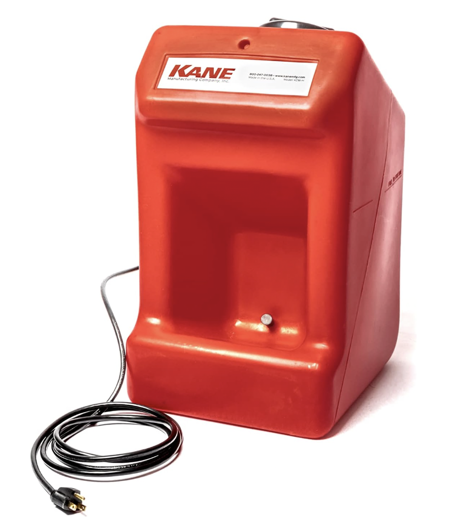 A red emergency eye wash station with an attached cord and nozzle.