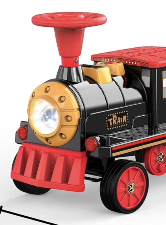 Toy train with a red and black color scheme, yellow accents, and a red chimney and front bumper.