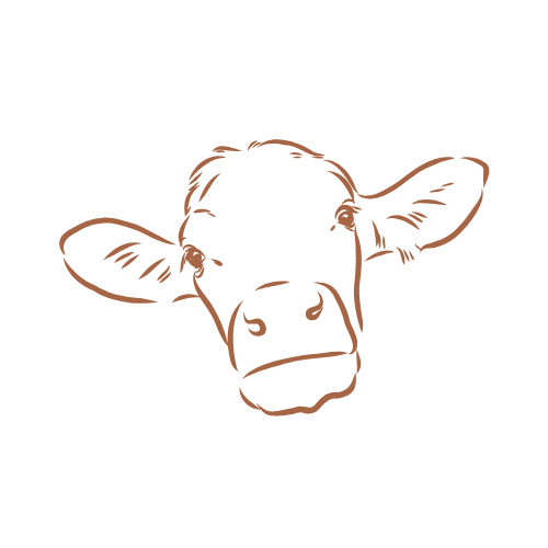 Line drawing of a cow's head on a black background.