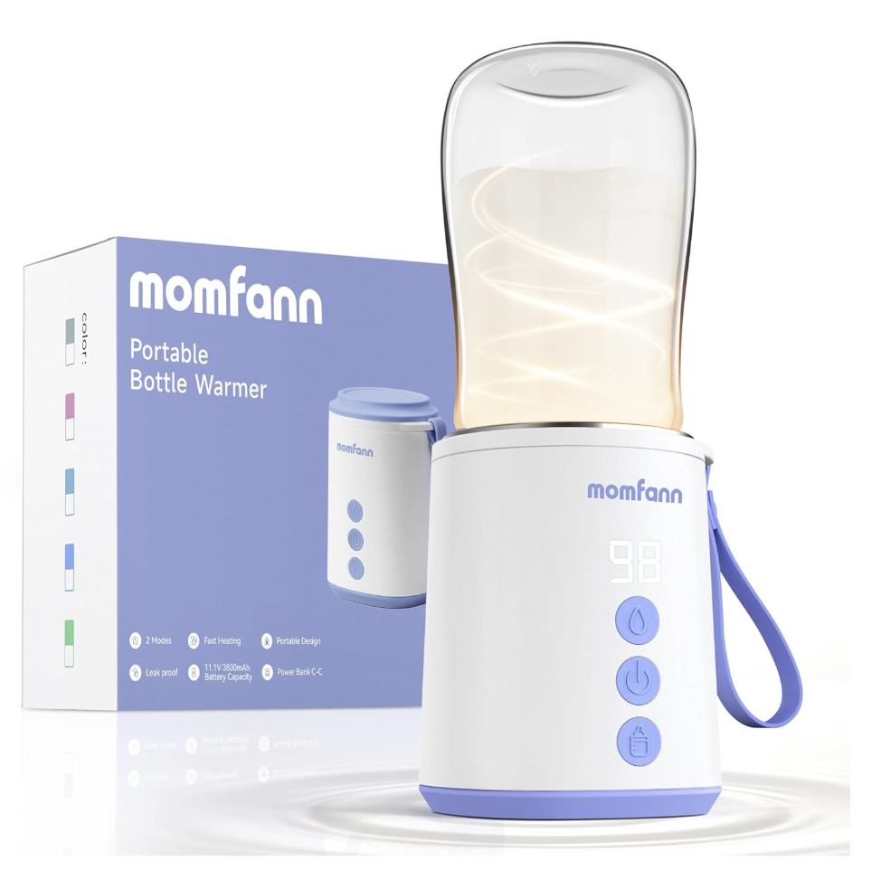 Momfann portable bottle warmer with digital display, three control buttons, and a strap, next to its packaging box.