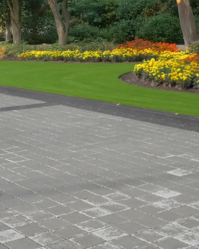 porous pavement walkway beside green grass and trees