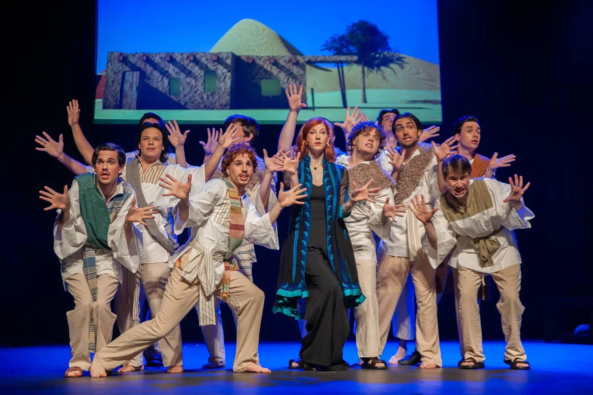 A theatrical stage performance with multiple actors in costume, performing a dramatic scene with a background that resembles an outdoor landscape with hills and trees.