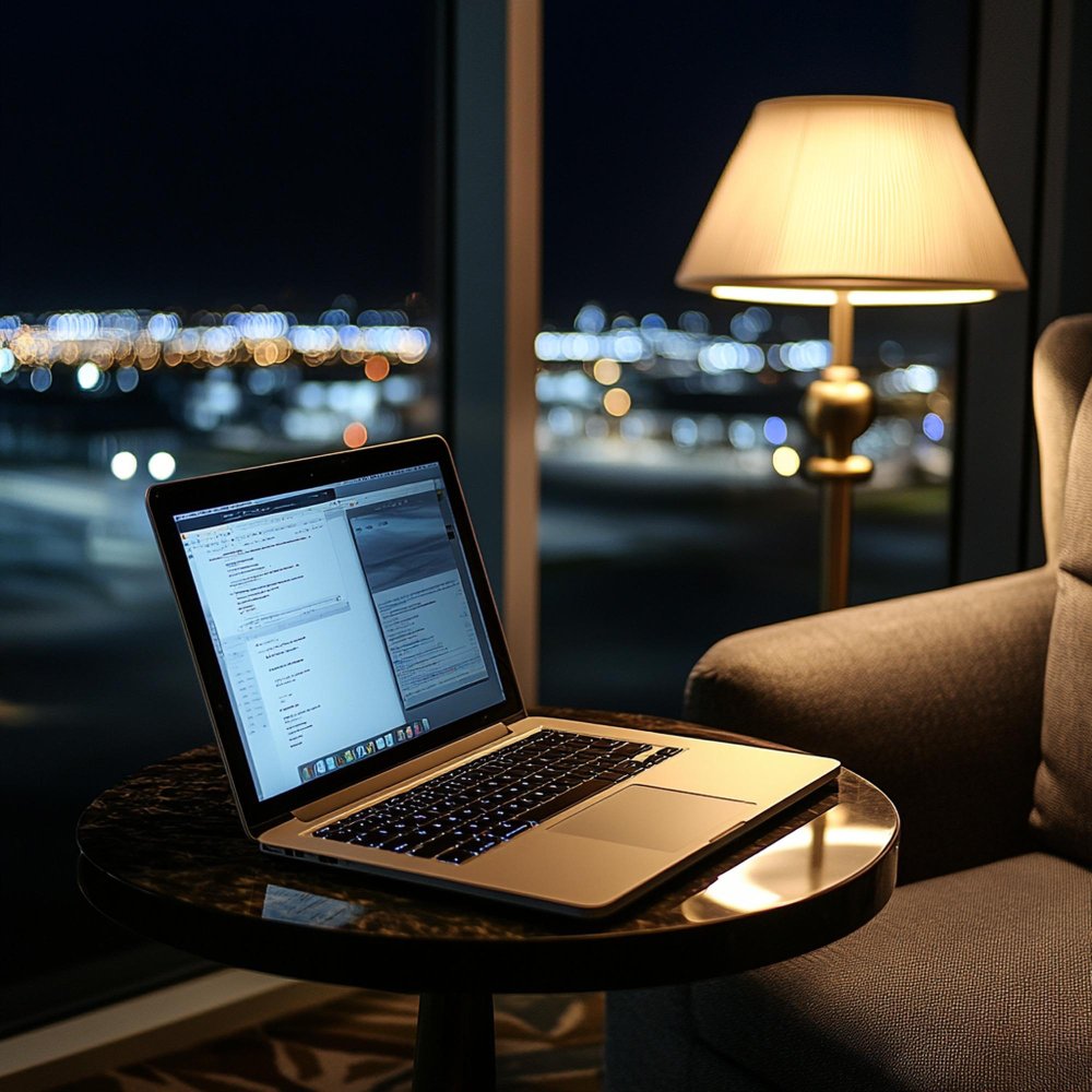 A laptop on a small round table next to a gray armchair near a window at night, with city lights visible outside and a lit table lamp providing warm lighting.