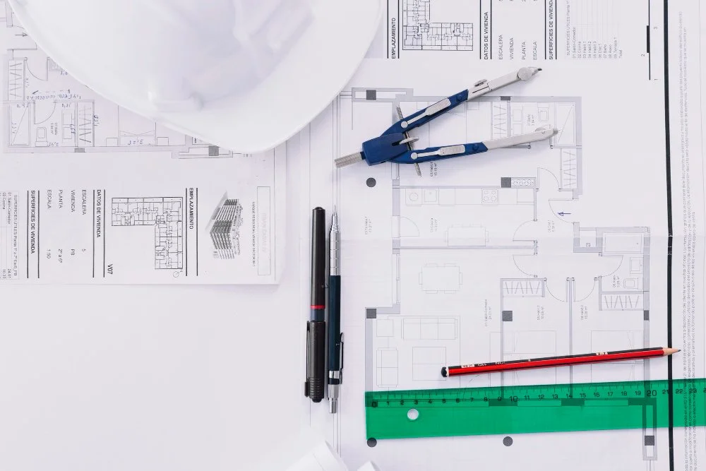Architectural blueprints, a white hard hat, a compass, a mechanical pencil, a black pen, a red pencil, and a green ruler on a white surface.