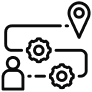 Icon representing a network or connection, with people and a location pin, indicating communication or social networking.