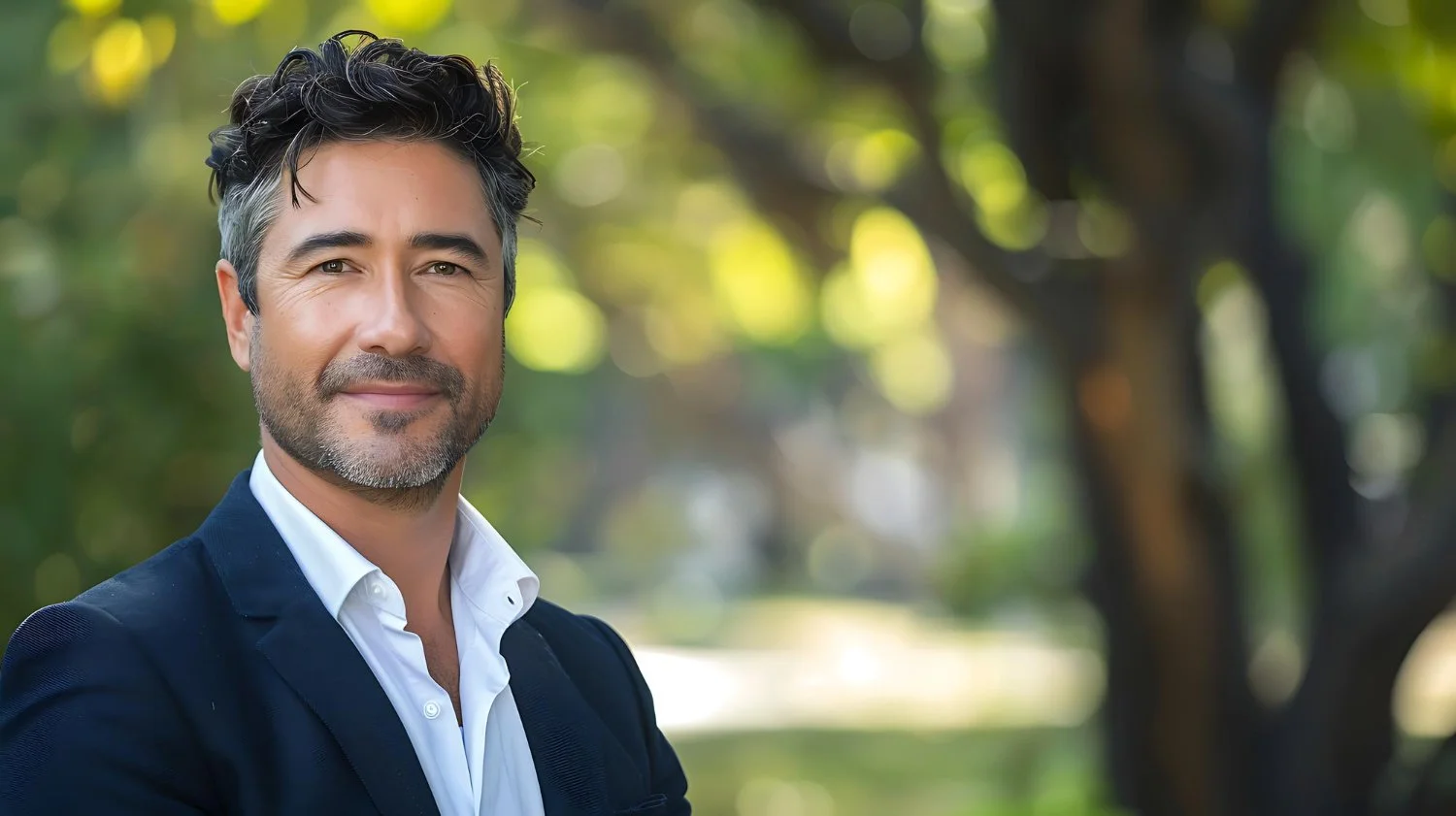 A man with dark, wavy hair and a beard, dressed in a navy blazer and white shirt, standing outdoors with trees in the background.