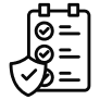 An icon of a checklist on a clipboard with a shield symbol, representing security or protection.