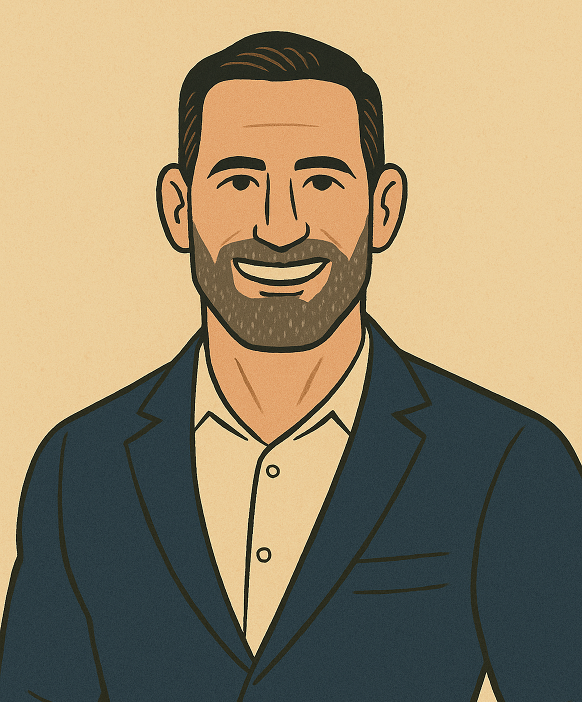 Digital illustration of a smiling man with a beard in a suit and shirt.