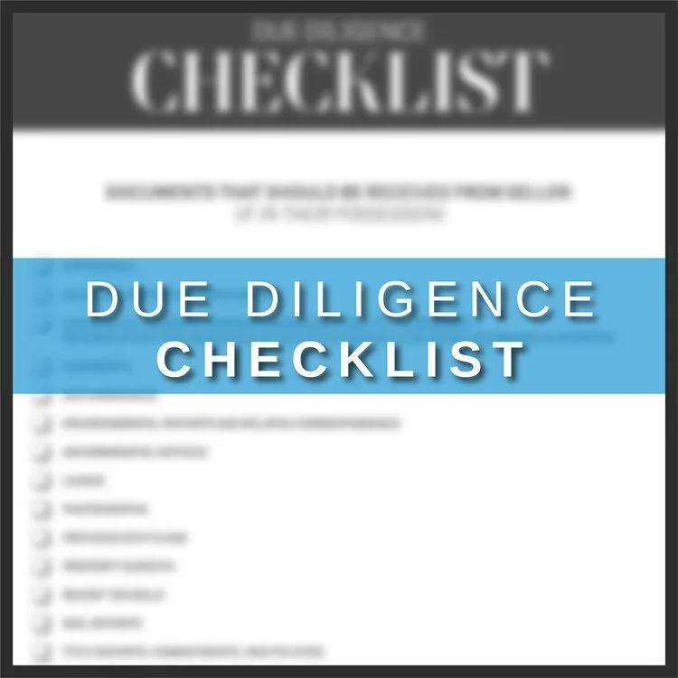 A checkilist titled "Due Diligence Checklist" with a blue header bar, blurred background, and a list of items beneath, focusing on due diligence tasks.