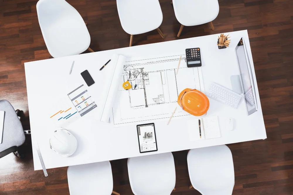Overhead view of a white conference table with design plans, a safety helmet, a miniature helmet, a smartphone, a keyboard, a calculator, a cup, and a container of pencils, surrounded by white chairs on a wooden floor.
