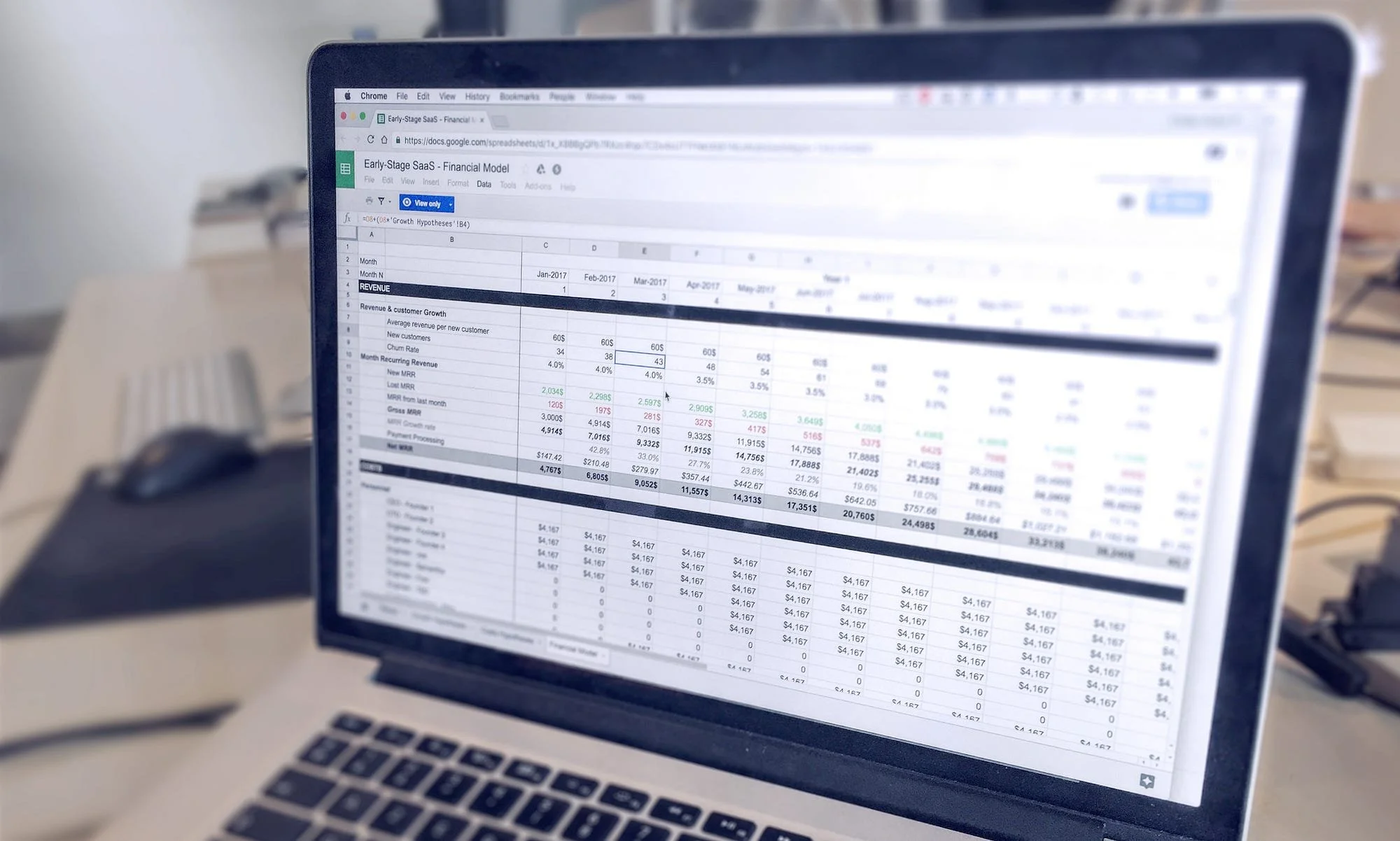 A laptop displaying a spreadsheet titled 'Early-Stage SaaS - Financial Model' with columns of financial data and graphs, on a desk with a blurred background.
