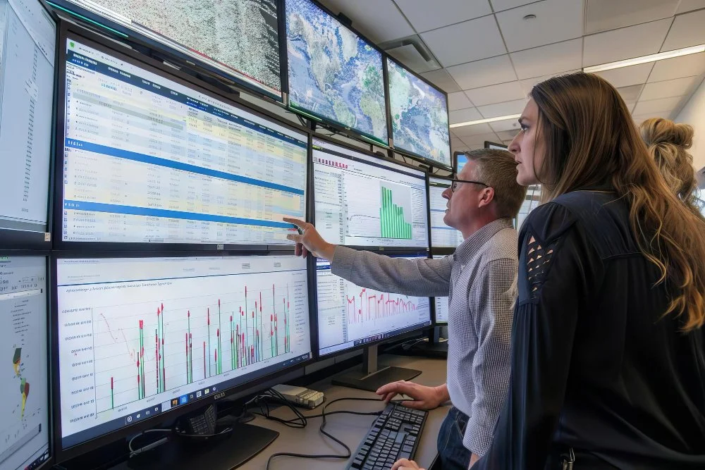 People analyzing multiple computer screens displaying data, charts, and maps in a control room or trading environment.