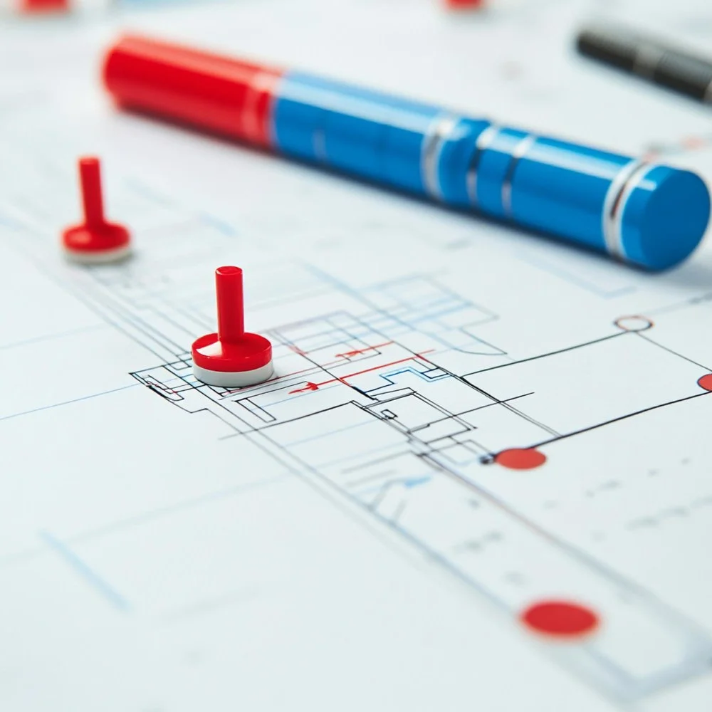 A blueprint of a building with red and blue markers, along with red push pins and a pen.