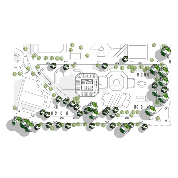 A detailed site plan of an urban development with roads, trees, buildings, and open spaces, featuring labeled areas for parking, pathways, and landscaped zones.