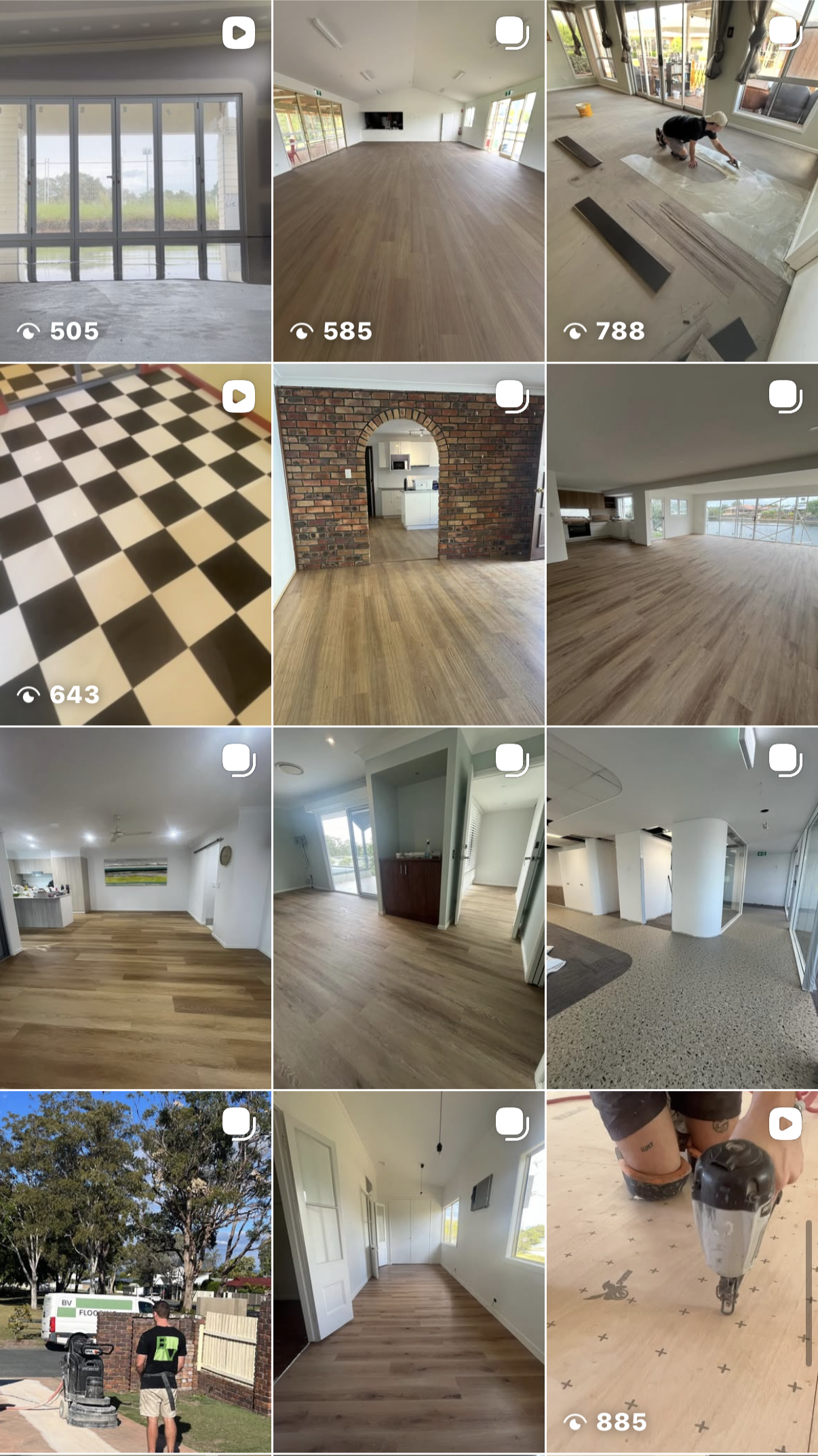 Collage of interior and exterior photos of a house under renovation, showing empty rooms with hardwood floors, a kitchen, a worker installing flooring, and a photo of trees and a pest control technician outside.
