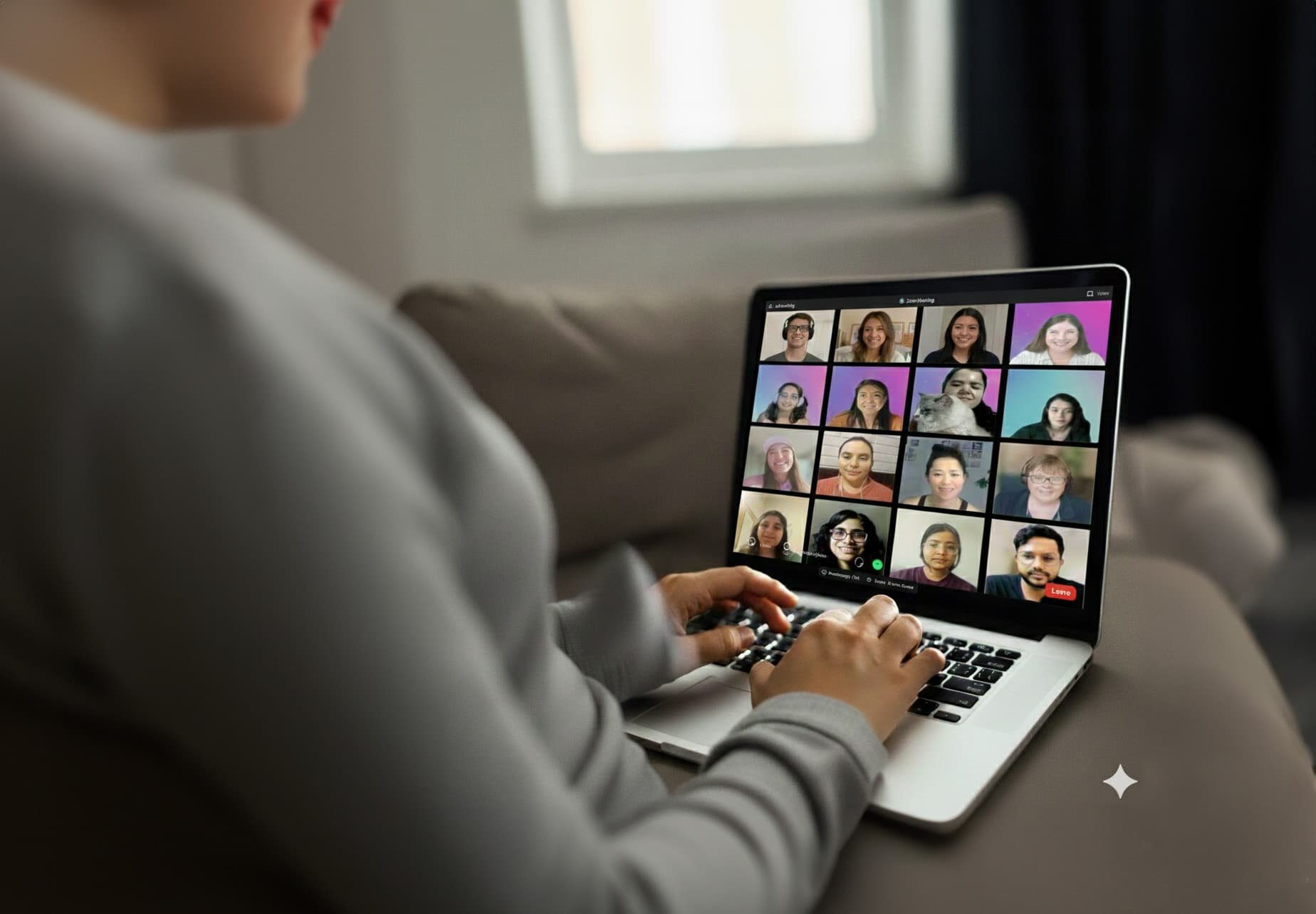 Person using a laptop to participate in a video conference with multiple people visible on the screen.