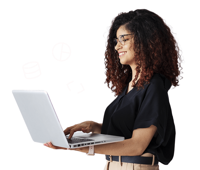 Smiling woman with curly hair and glasses using a laptop with floating financial icons.