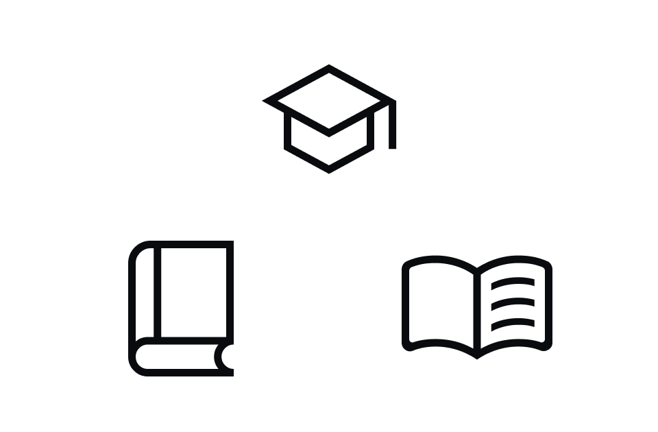 Icons representing education: a graduation cap and books, symbolizing Learning & mentorship.