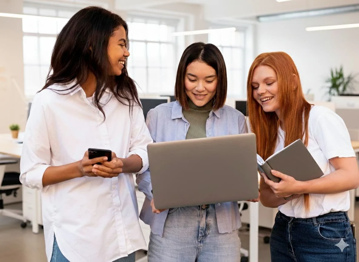 Three young women standing together in an office, smiling and looking at a laptop screen, with one holding a smartphone and another holding a notebook.