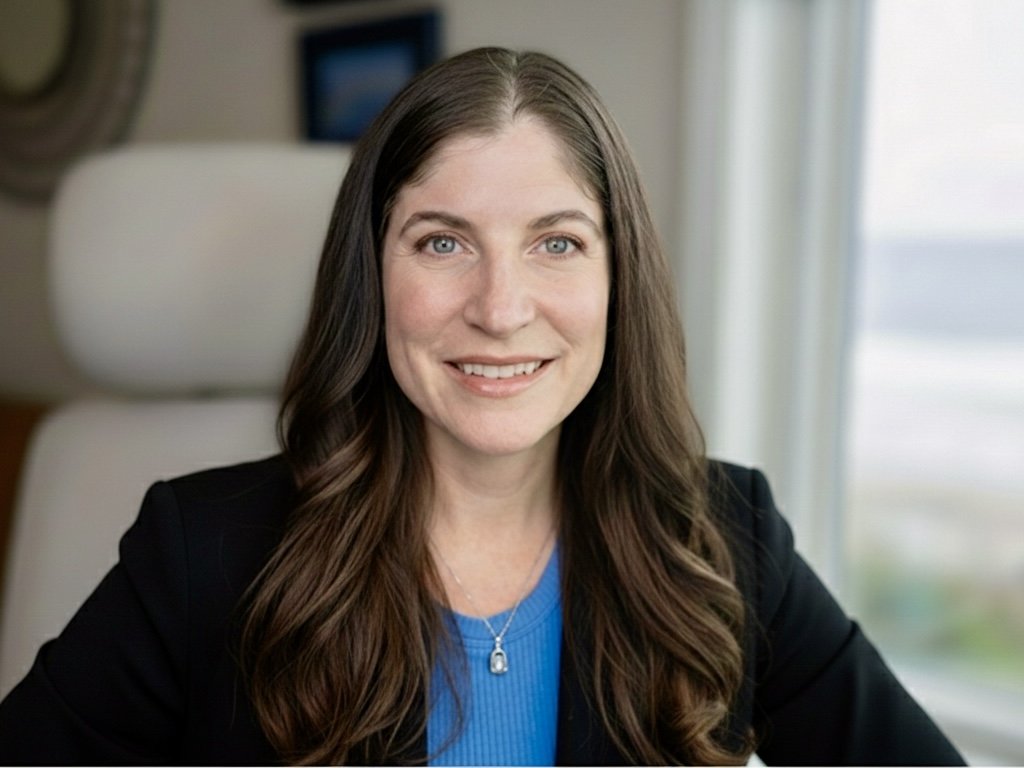 A woman with long brown hair, blue eyes, and a friendly smile, sitting in a well-lit room with a window behind her.