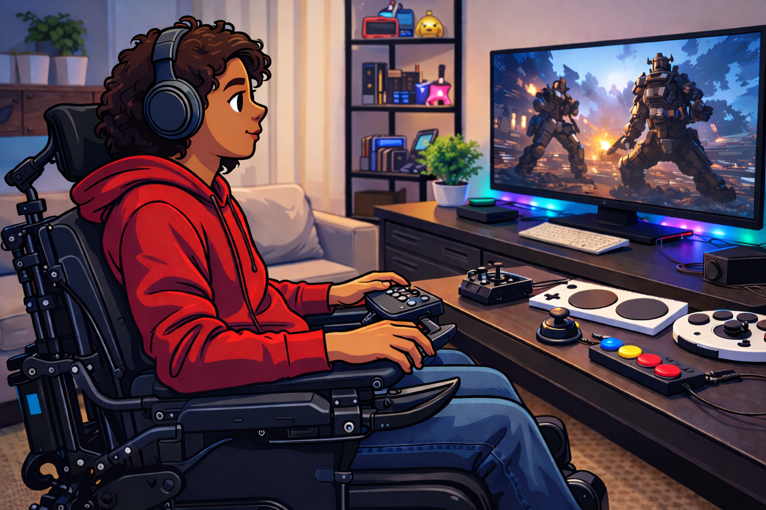 Cartoon-style illustration of a young woman of color using a power wheelchair while playing video games in her living room, with adaptive gaming controllers on a desk and a TV displaying an action game.