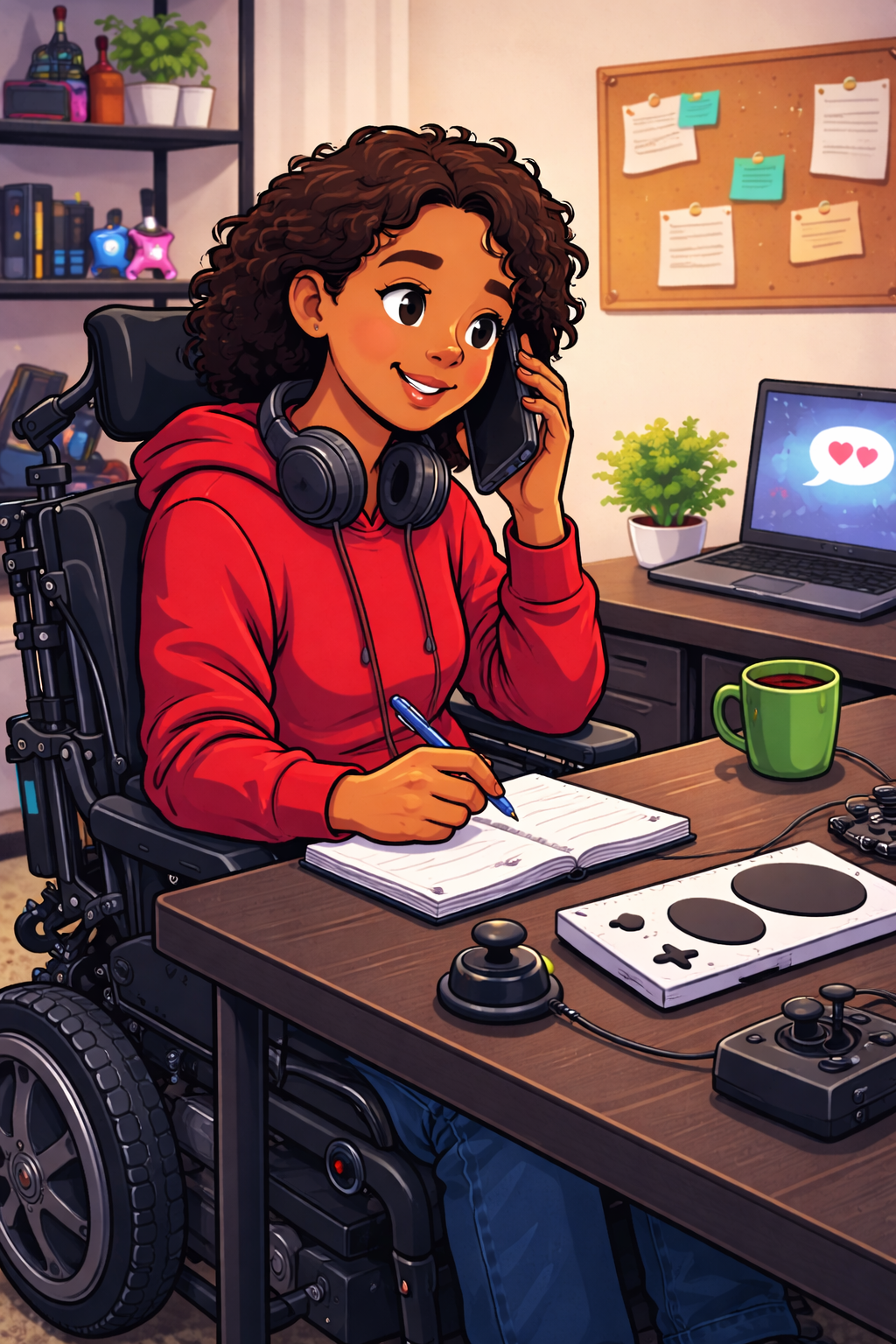 Cartoon-style illustration of a woman of color in a power wheelchair at a desk, using a phone and notebook, with adaptive gaming controllers and a laptop in a home workspace.