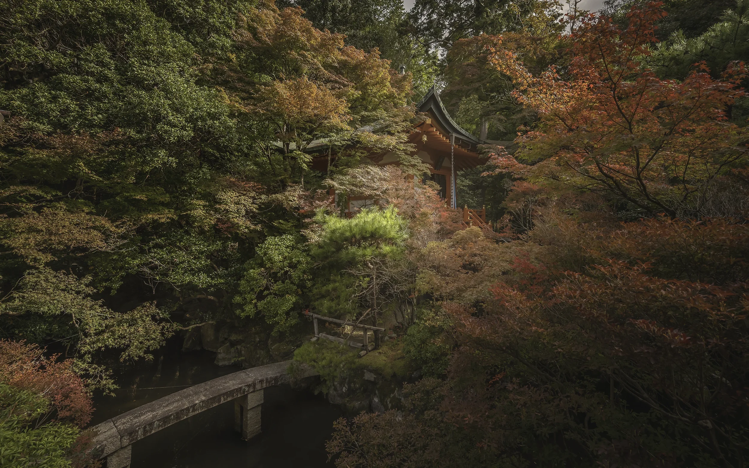 Hidden Bishamon-do Temple surrounded by vibrant autumn maple trees in Kyoto, showcasing the peaceful beauty of Japanese temples during the fall season.