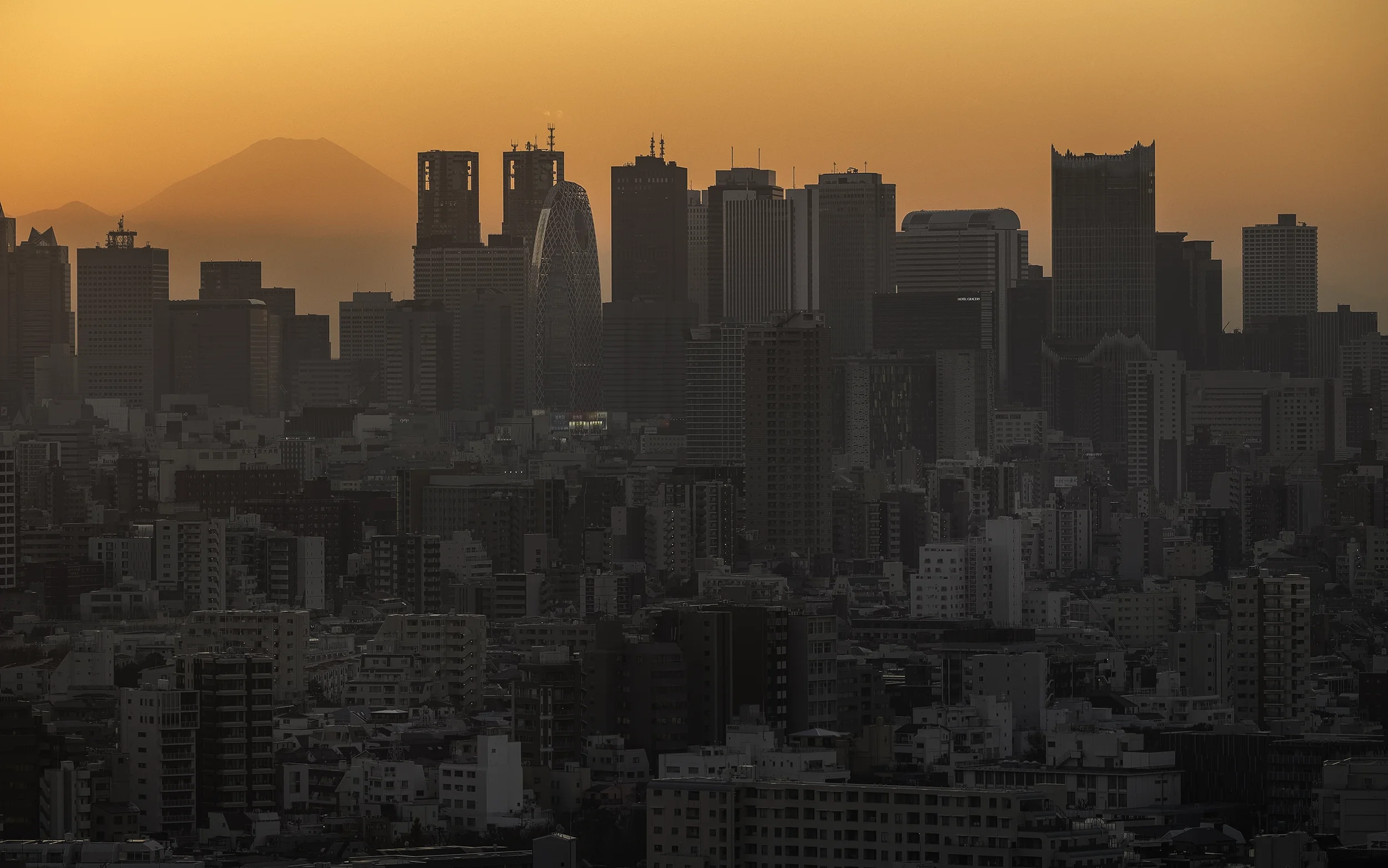 Seen from the western districts of Tokyo, Mount Fuji rises behind the skyscrapers of Shinjuku during winter sunsets. For only a short period each year, the mountain aligns with the city beneath warm evening light.