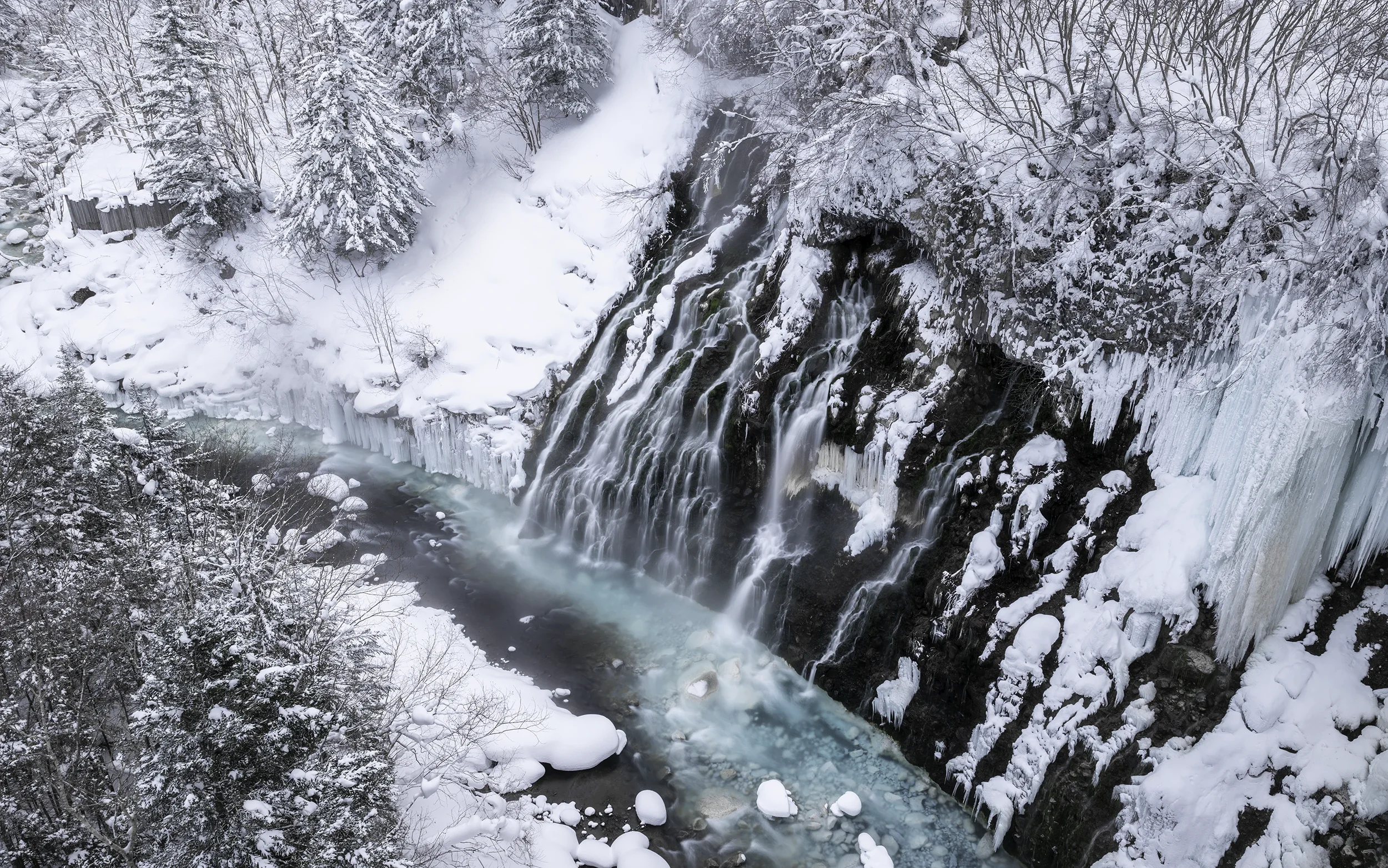 Frozen Shirahige Falls in Hokkaido, surrounded by snow-covered trees and turquoise water during the heart of winter.