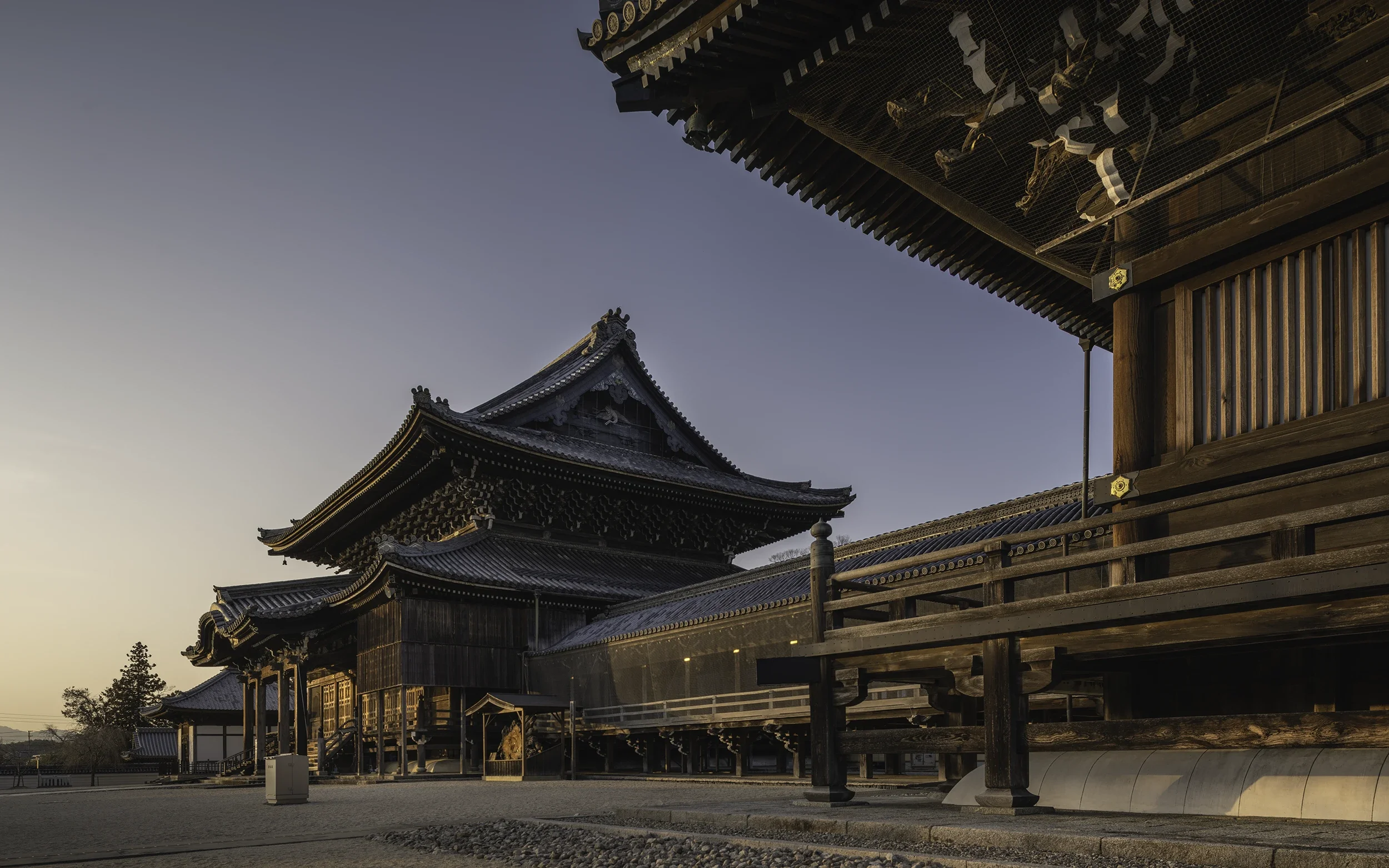 Historic wooden halls of Senju-ji Temple in Mie Prefecture, showcasing the scale of traditional Japanese Buddhist architecture.