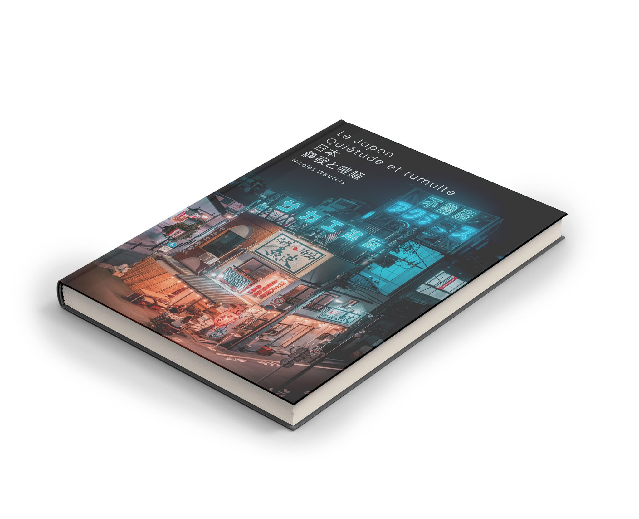 Couverture d'un livre intitulé "Le Japon: Quiescence et tumulte" avec une image de nuit de rues urbaines japonaises éclairées par des enseignes lumineuses en néon.