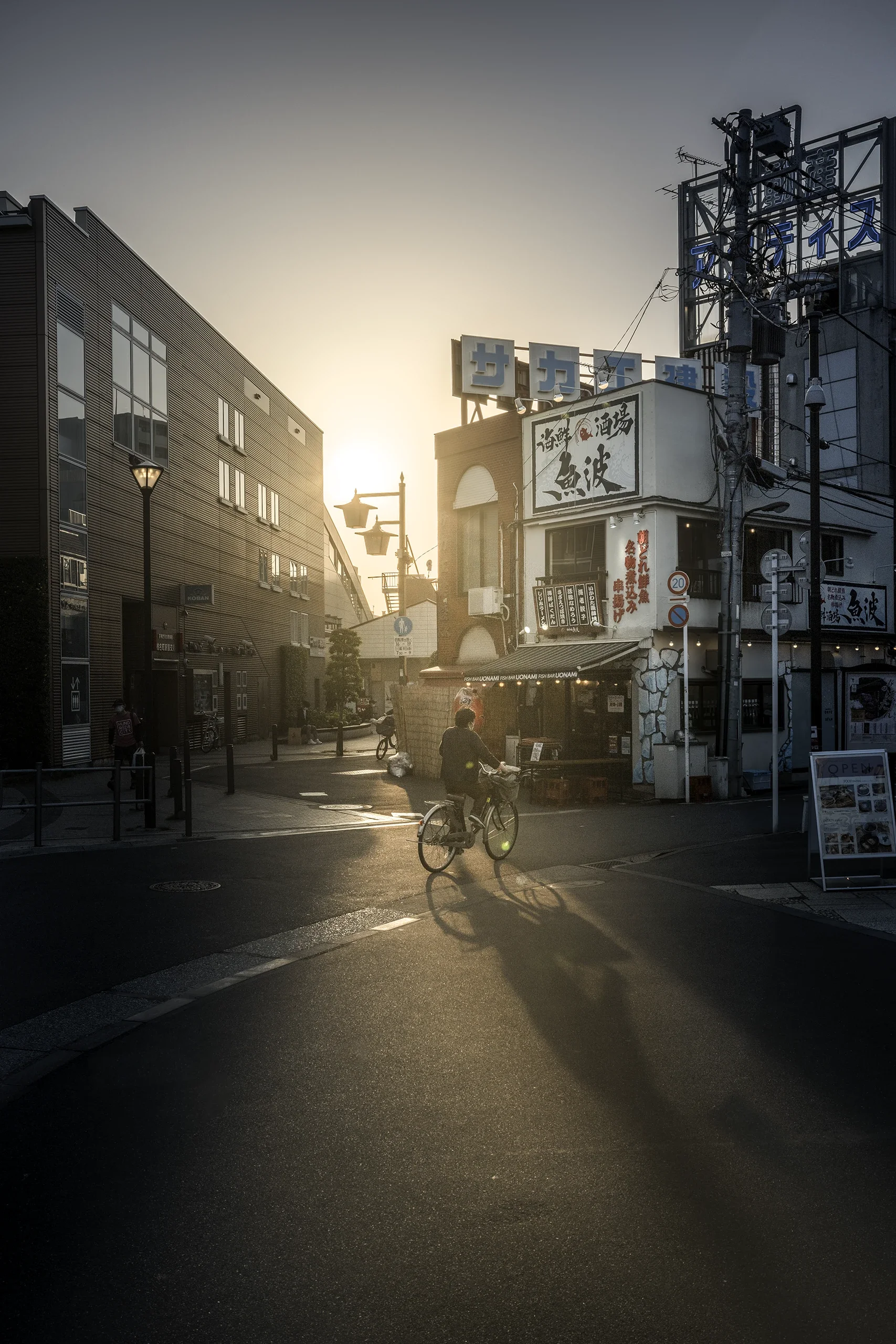 Cyclist at Sunset in a Quiet Tokyo Street