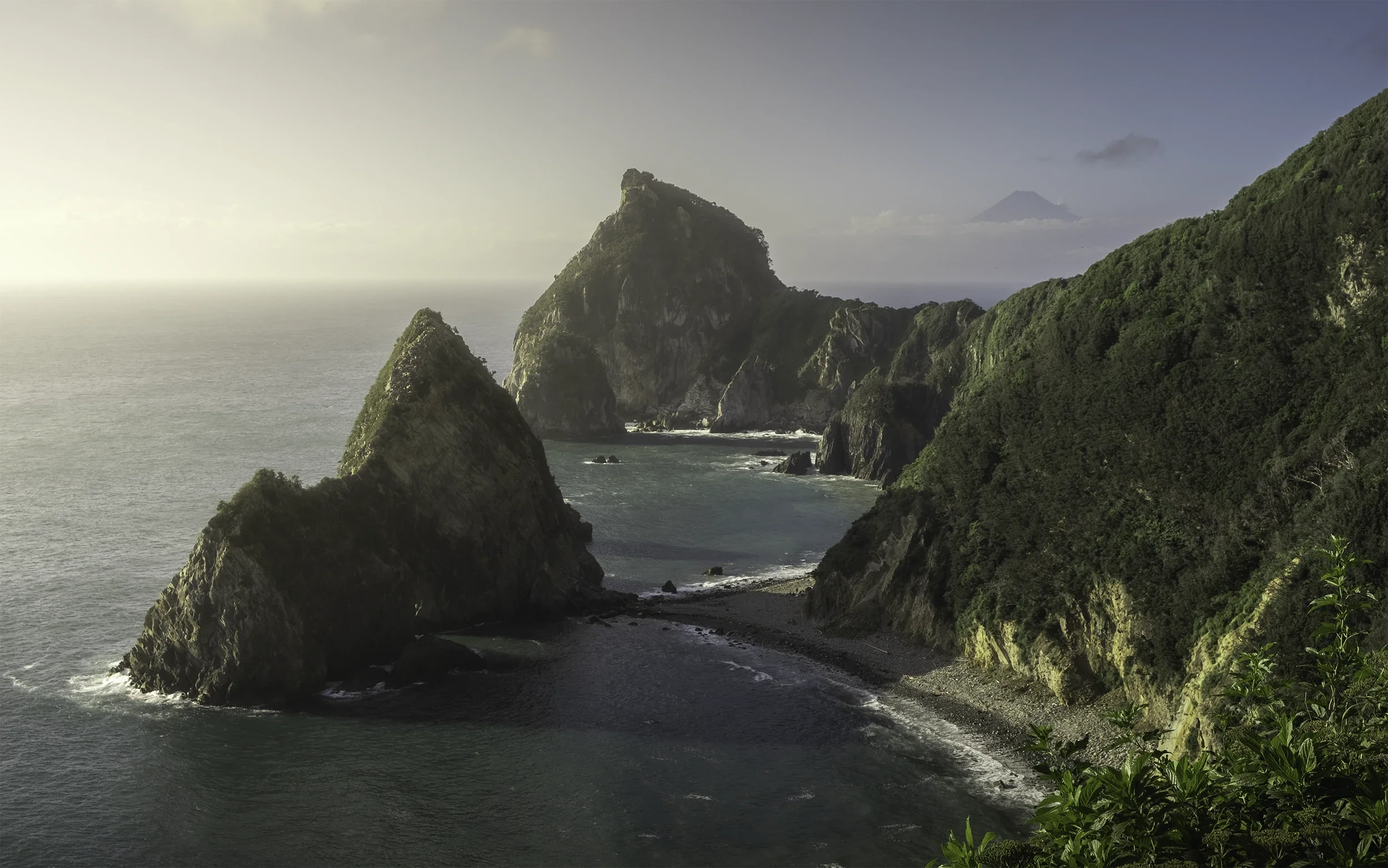 The rugged coastline of the Izu Peninsula offers one of Japan's most dramatic coastal landscapes. In the distance, Mount Fuji quietly completes the composition, linking sea, cliffs and volcano in a single frame.