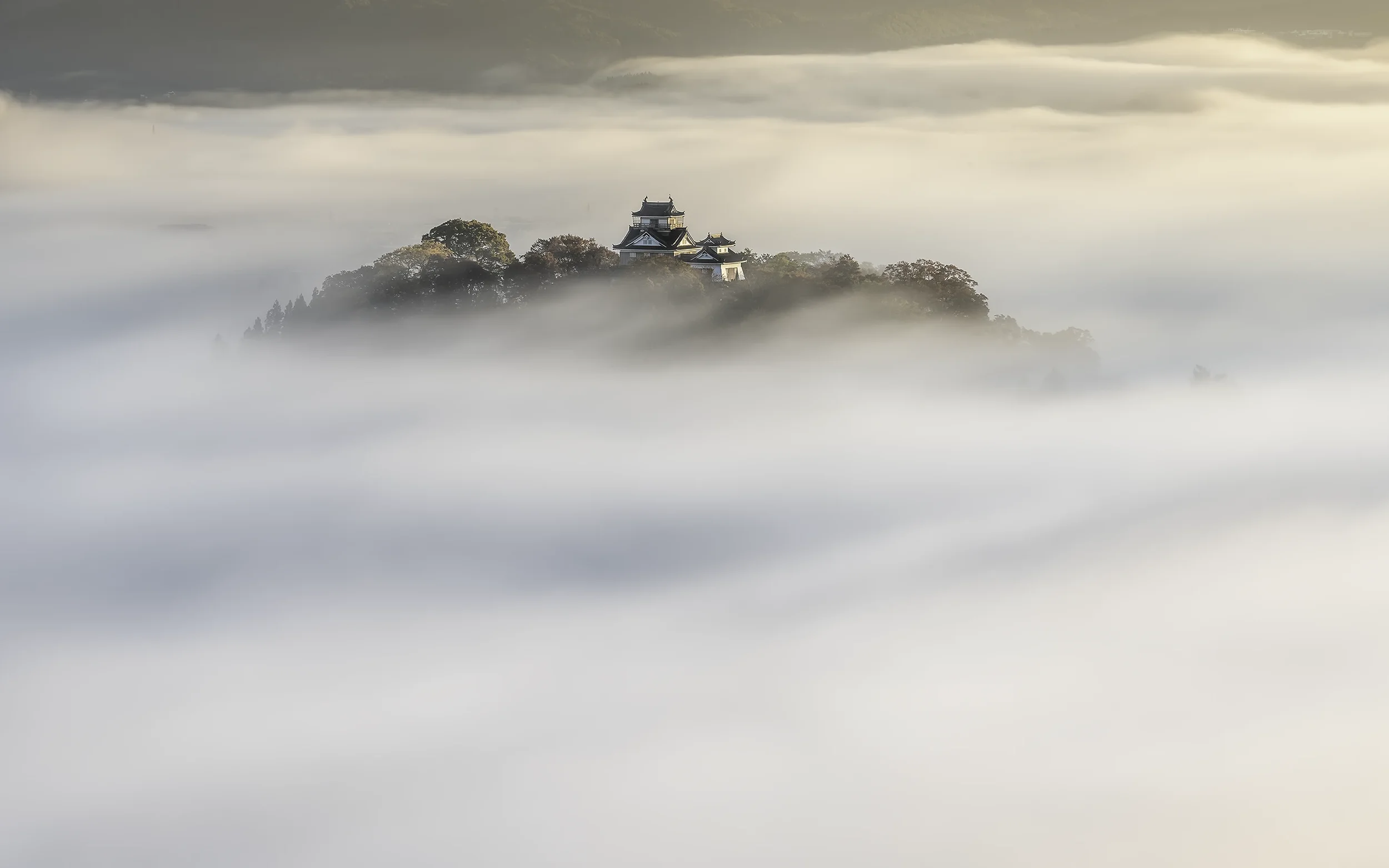 Un château japonais perché sur une colline entourée de brume
