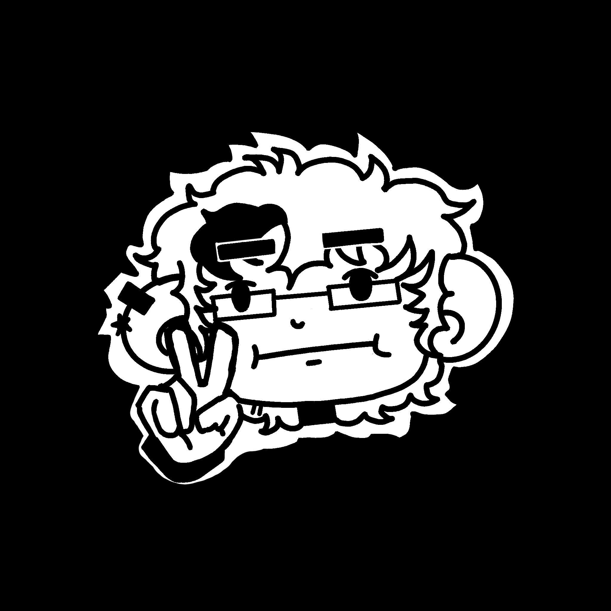 Black and white cartoon of a person with glasses, curly hair, and a serious expression, pointing with their finger.