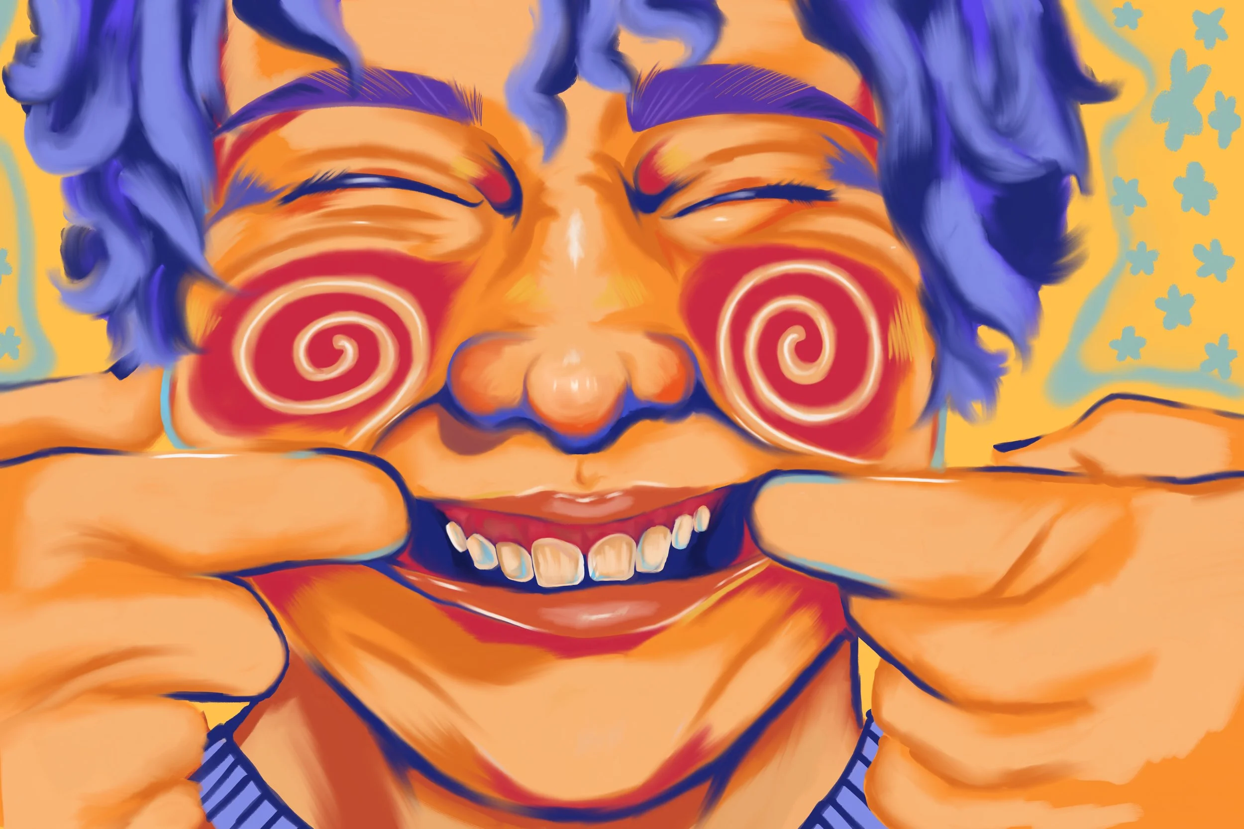 Colorful digital illustration of a person with purple curly hair, bright red spiral eyes, a wide toothy grin, and hands pulling the corners of their mouth into a smile, set against a yellow background with blue flowers.