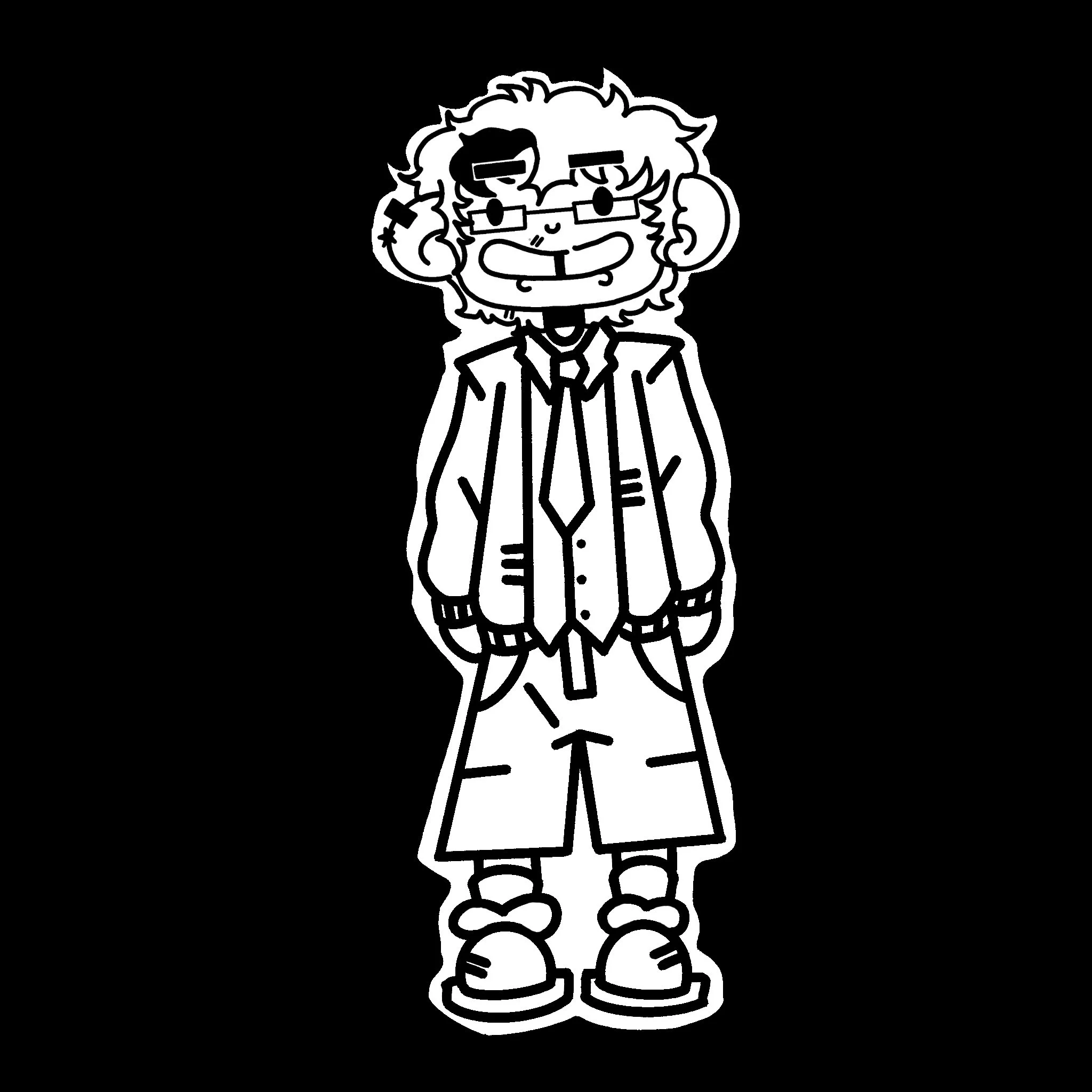 Black and white cartoon character of a boy with messy hair, glasses, wearing a suit jacket, tie, shorts, and sneakers, smiling.