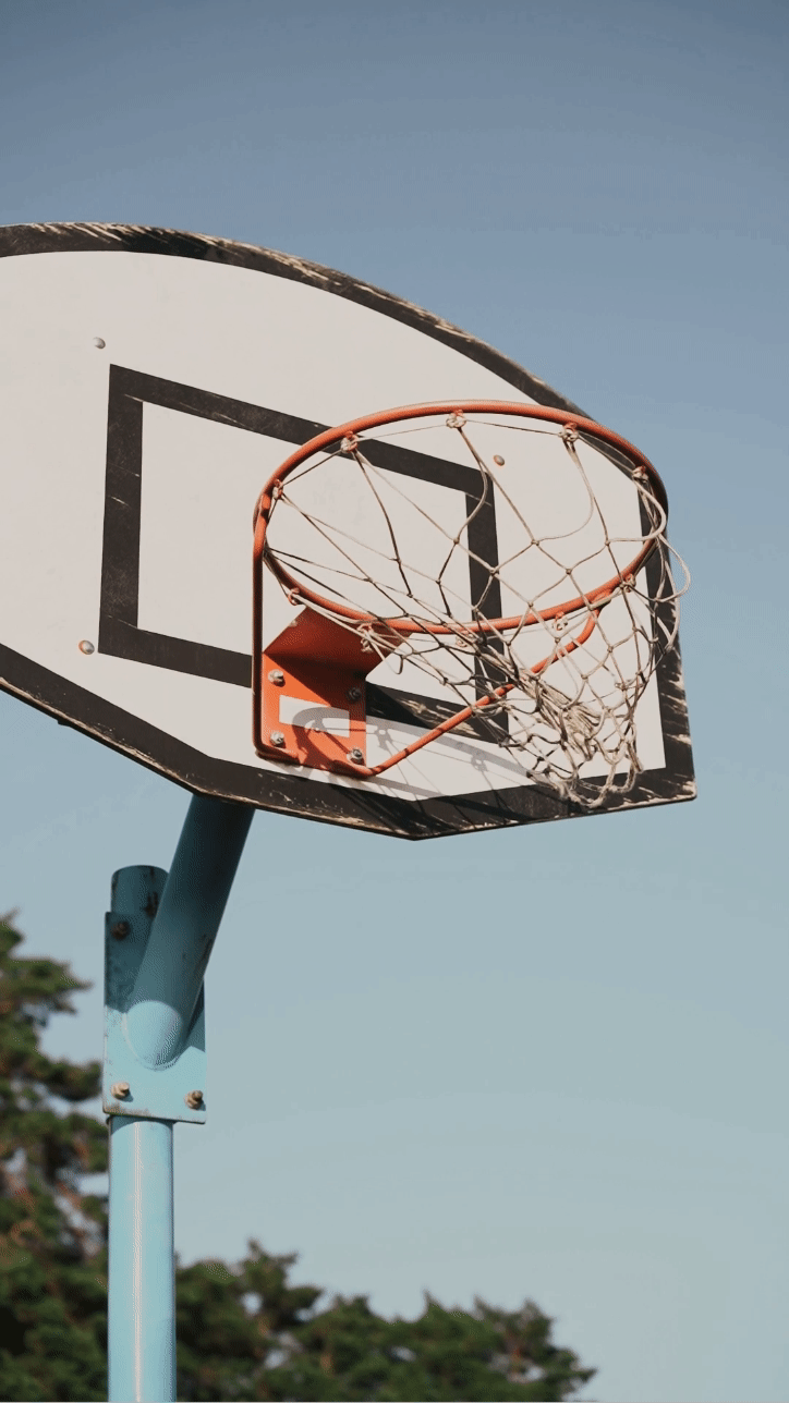 Close-up of a basketball hoop and backboard outdoors against a clear sky, with trees in the background.