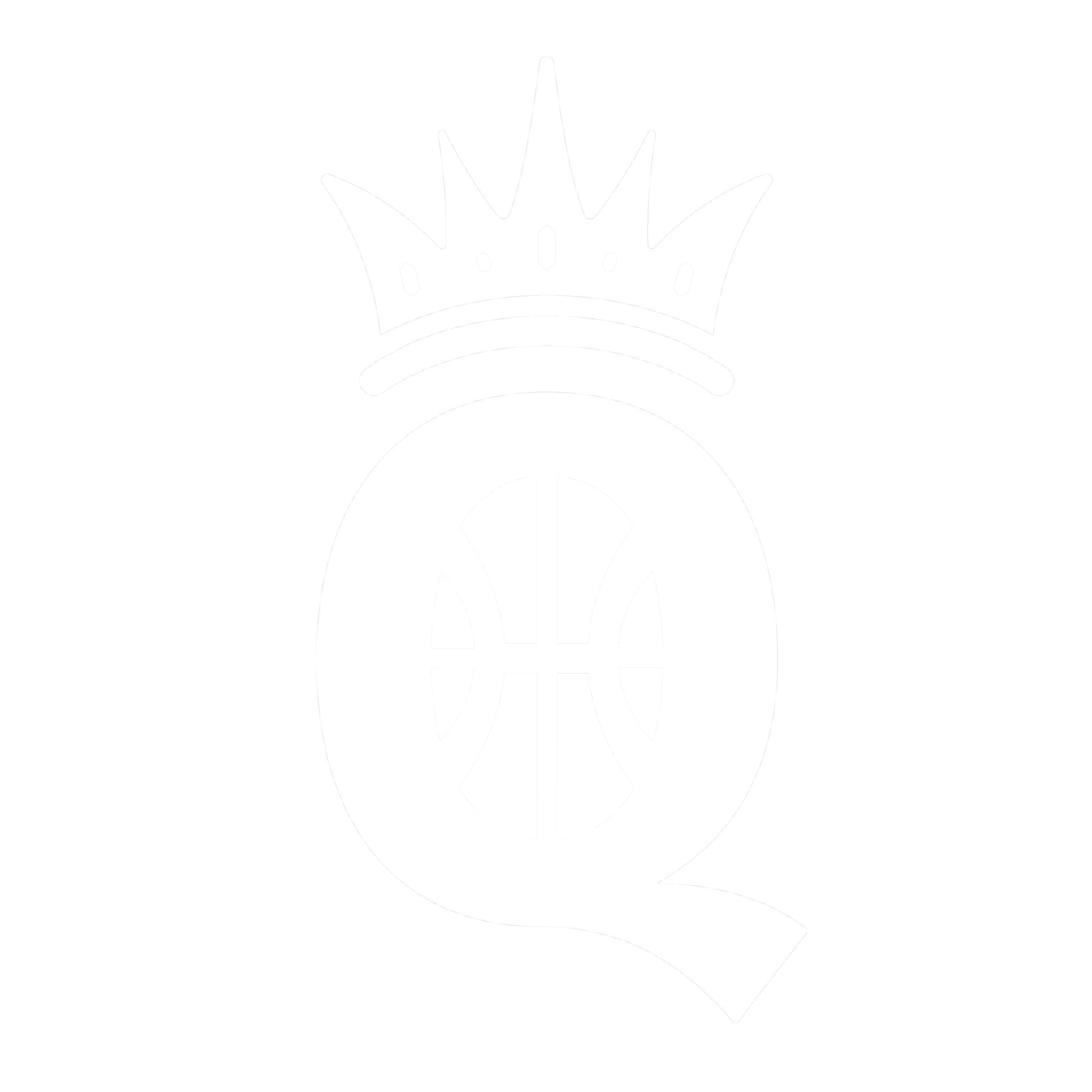 Hoop Queens white logo of a basketball with a crown on top, against a black background.
