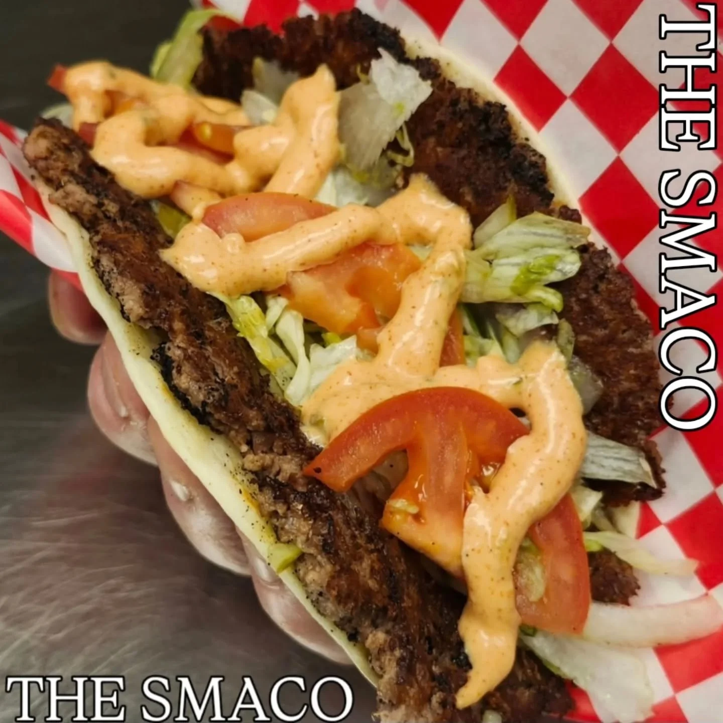 Tuesday Night Feature 

The Smaco
A Smashed Beef Patty 
Jalapeno Jack Cheese 
Lettuce,onions,shredded pickles and tomatoes wrapped up in a flour tortilla and then a perfect spread of our delicious Duke Sauce on top!

This beauty hits hard every time 